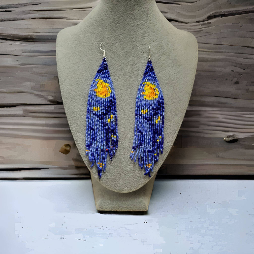 Long Fringe Earrings, Handmade Beaded Earring, Crecent Earrings,