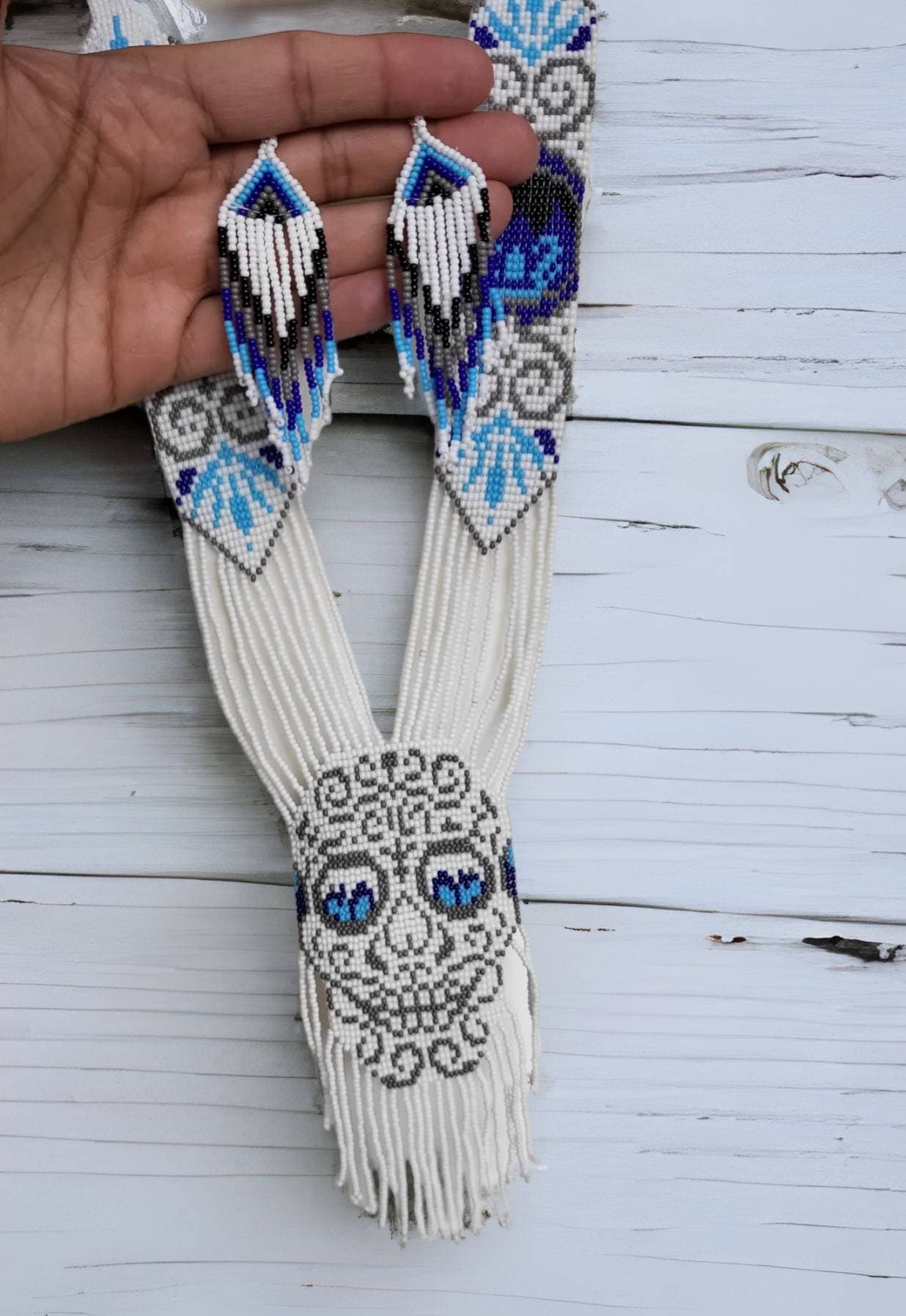 Handmade Seed Bead Skull Necklace & Earring Set