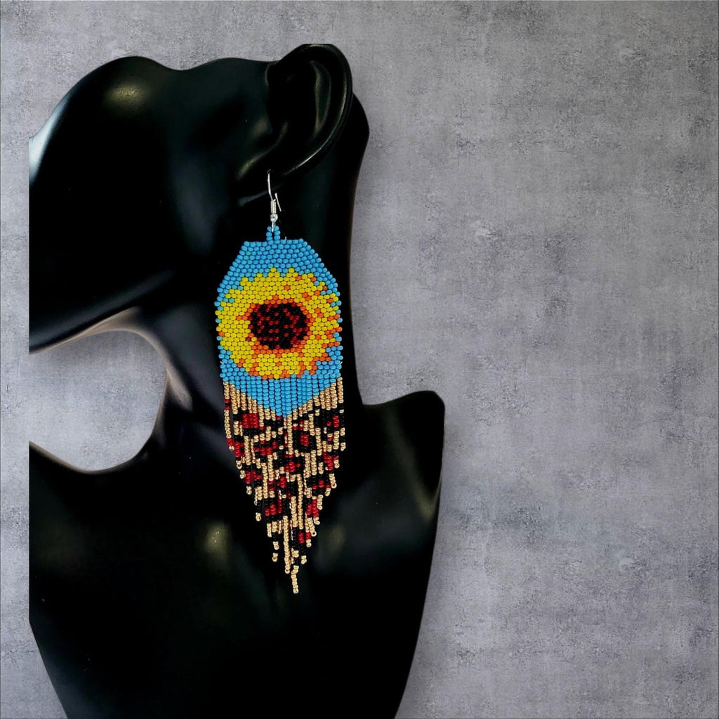 Handcrafted Sunflower Dangle Earrings,Beaded Fringe Earrings, Gerdan Style,Unique Boho Jewelry,Gift for Her