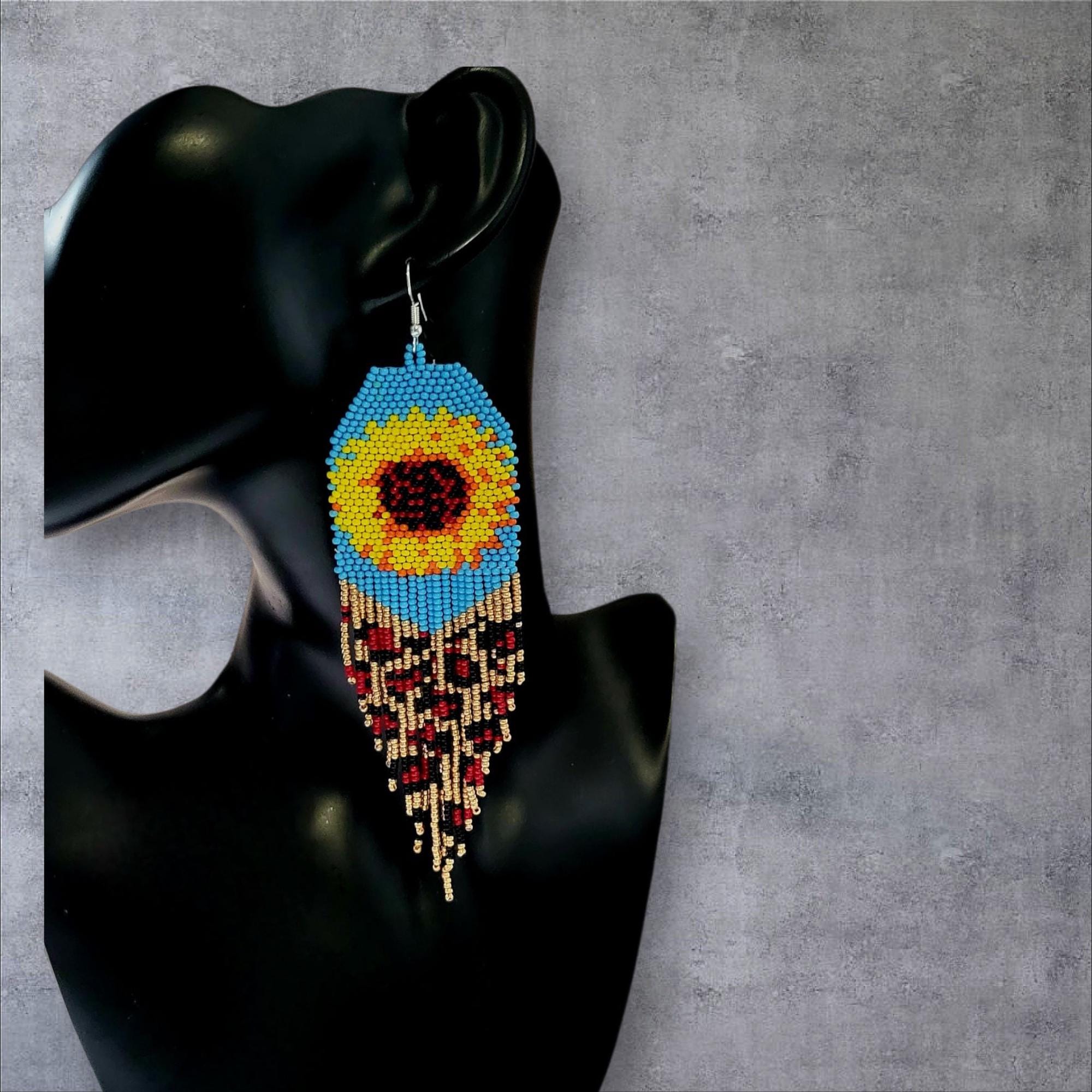Handcrafted Sunflower Dangle Earrings,Beaded Fringe Earrings, Gerdan Style,Unique Boho Jewelry,Gift for Her