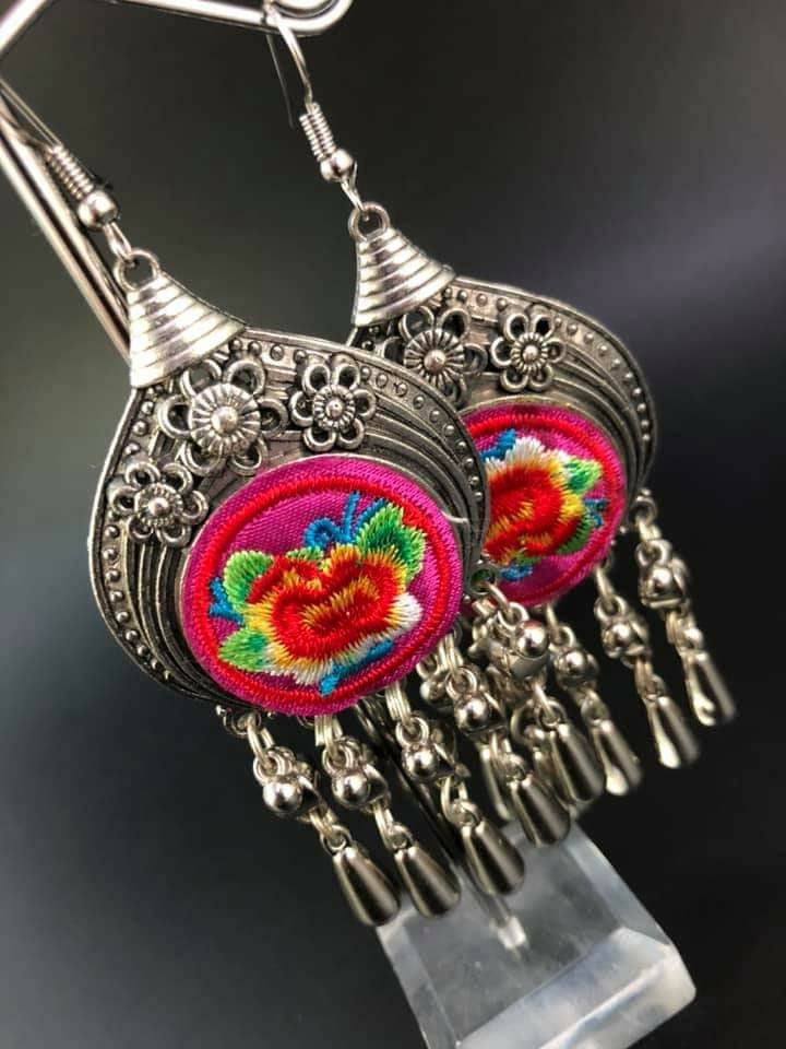 Miao Silver Dangle Earrings: Hmong Embroidered Flower, Ethnic Boho