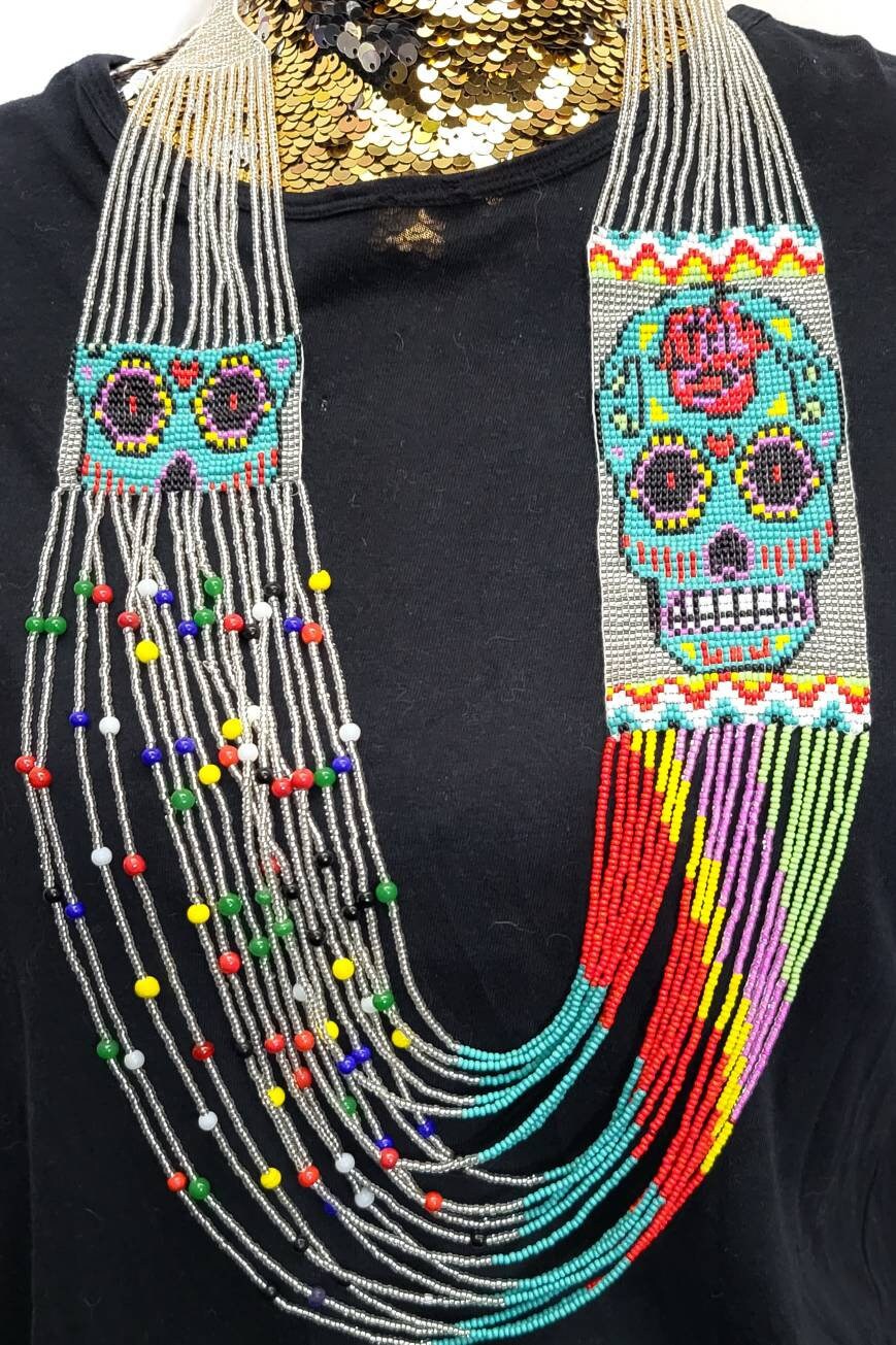Handmade Seed Bead Skull Necklace: Ethnic Beaded Jewelry