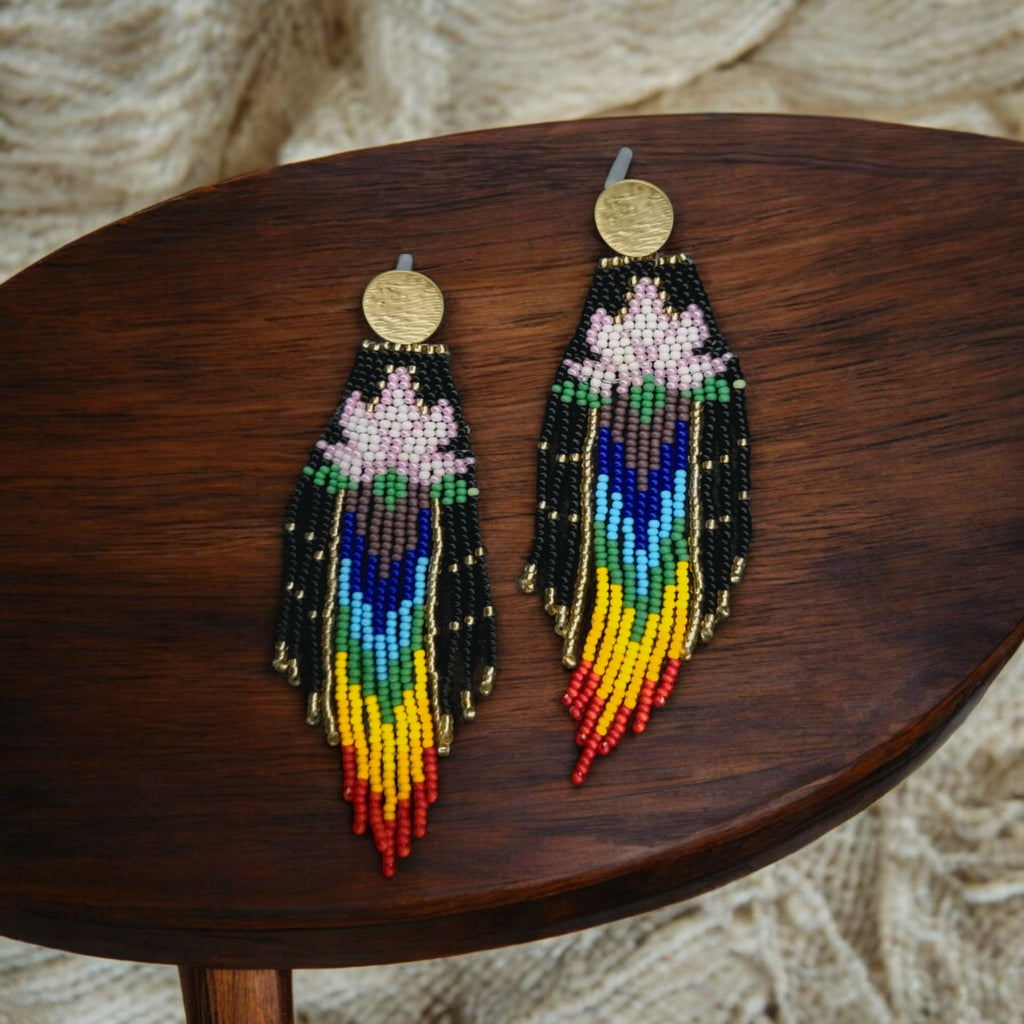 HANDMADE BEADED EARRING, Lotous design, Spirtual, Indian pattern,Fringe Earrings