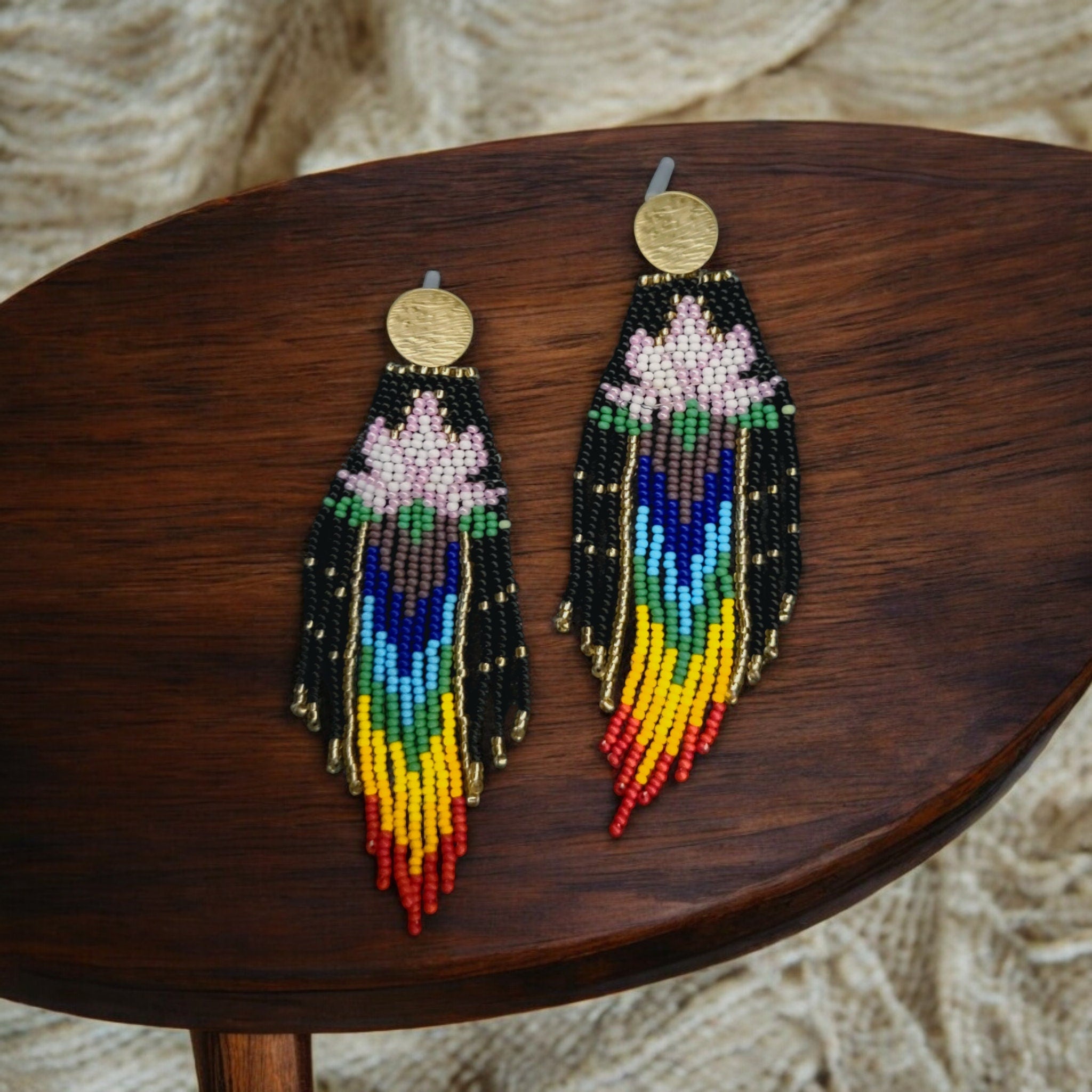 HANDMADE BEADED EARRING, Lotous design, Spirtual, Indian pattern,Fringe Earrings