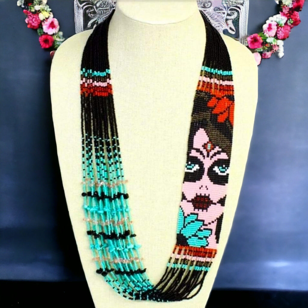 Sugar Skull Seed Bead Necklace: Huichol Day of the Dead Art