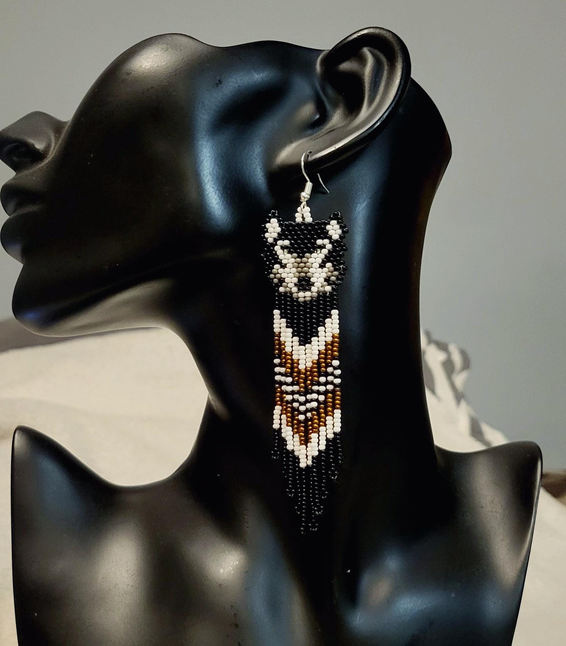 Handmade Beaded Wolf Earrings: Long Fringe Earrings