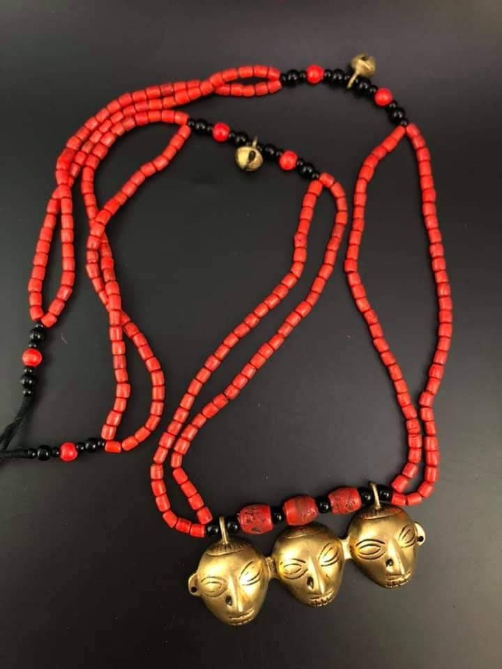 Bronze Tribal Mask Pendant Necklace: Coral Beaded Ethnic Jewelry
