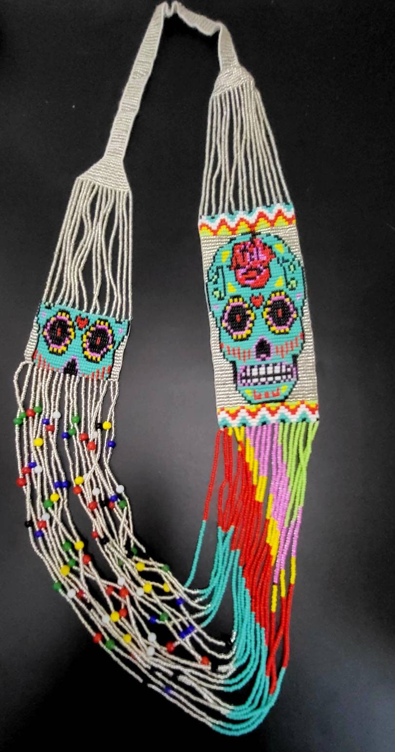 Handmade Seed Bead Skull Necklace: Ethnic Beaded Jewelry