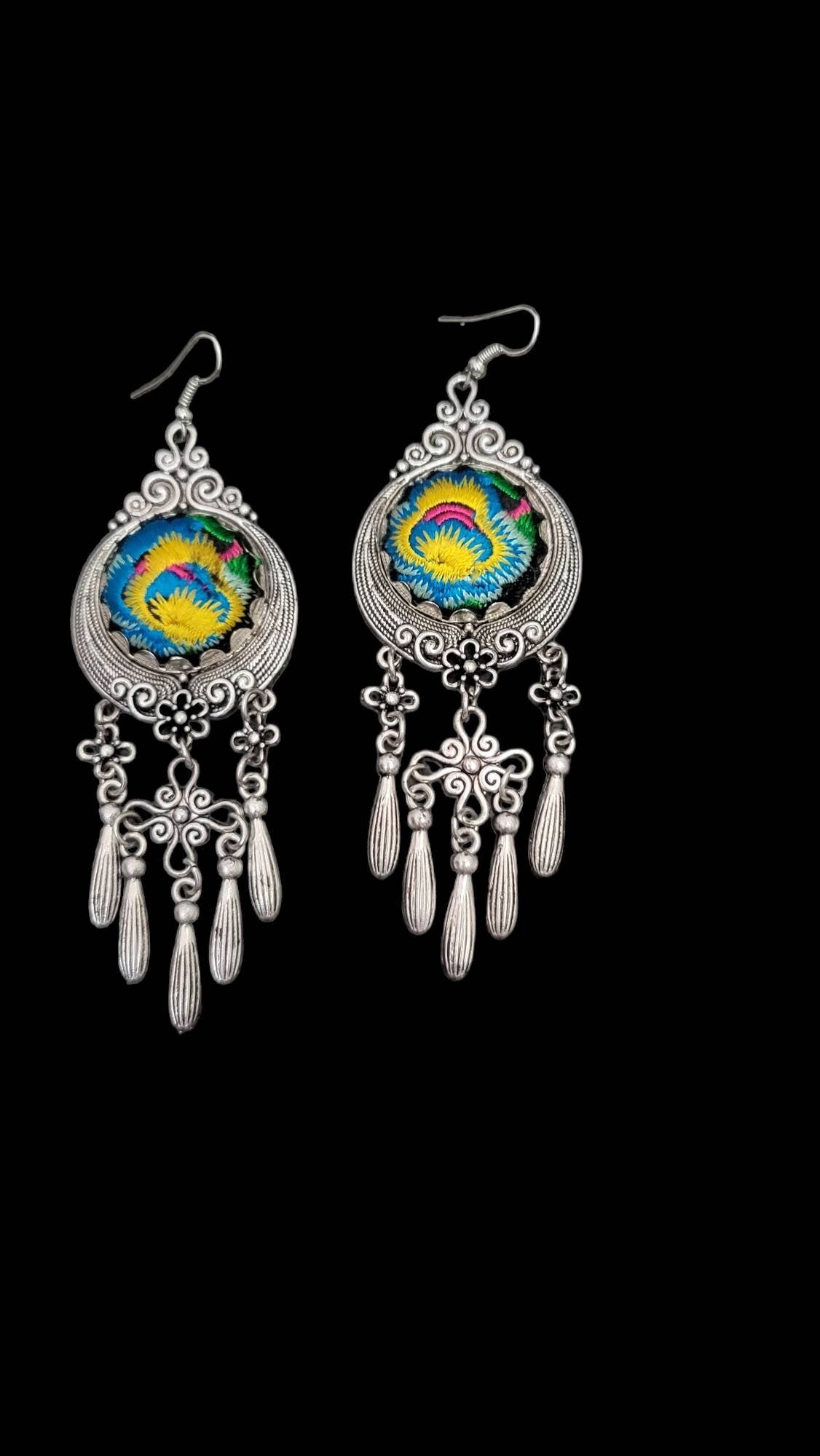 Miao Silver Dangle Earrings: Embroidered Flower, Ethnic Boho