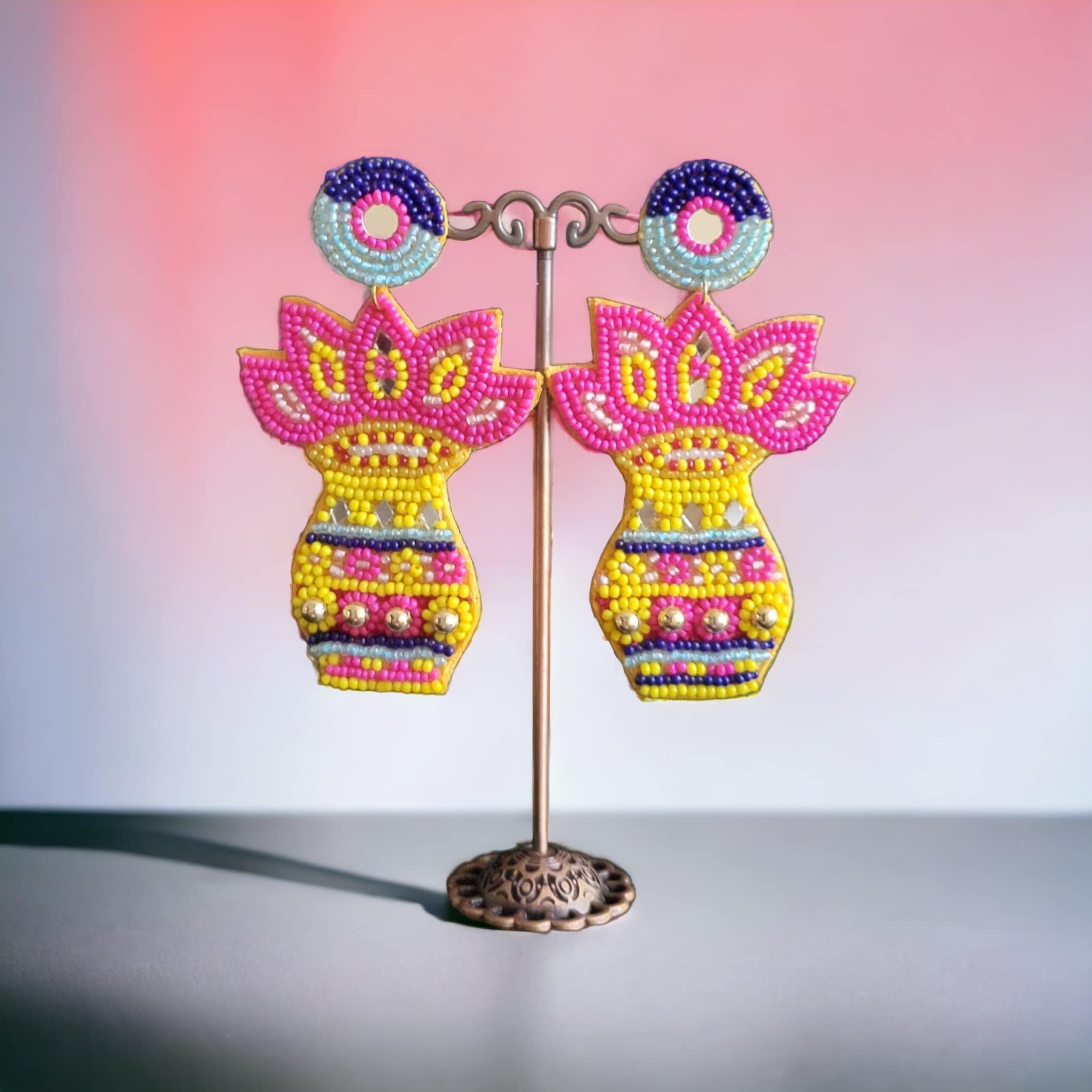 Colorful Beaded Flower Pot Earrings - Handcrafted Statement Jewelry