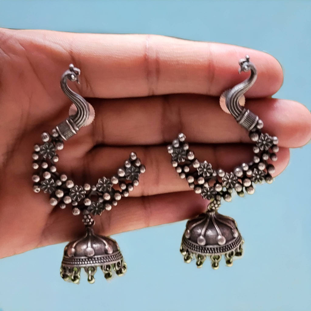 Peacock Jhumka Earrings with Ear Chains: German Silver Ethnic Jewelry