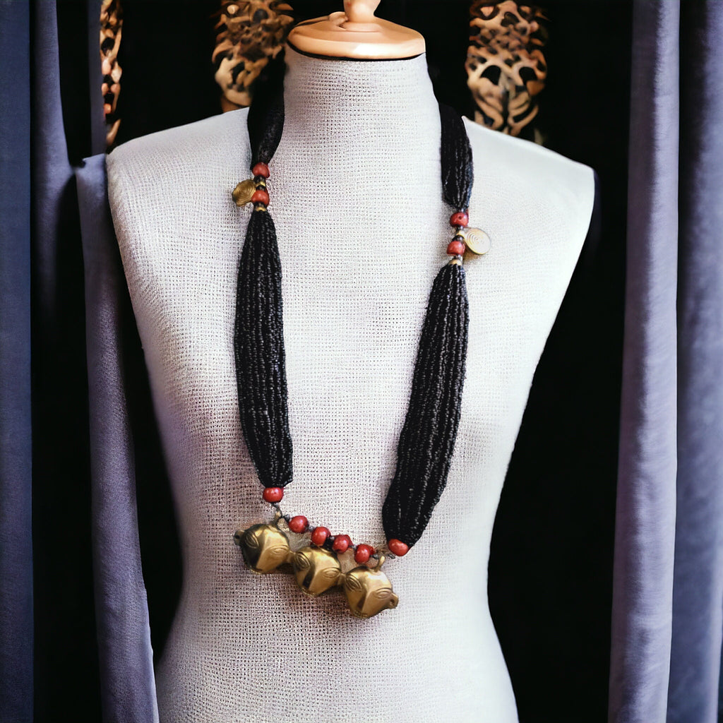 Tribal Mask Pendant Necklace: Bronze Bells, Coral Beads, Ethnic Jewelry