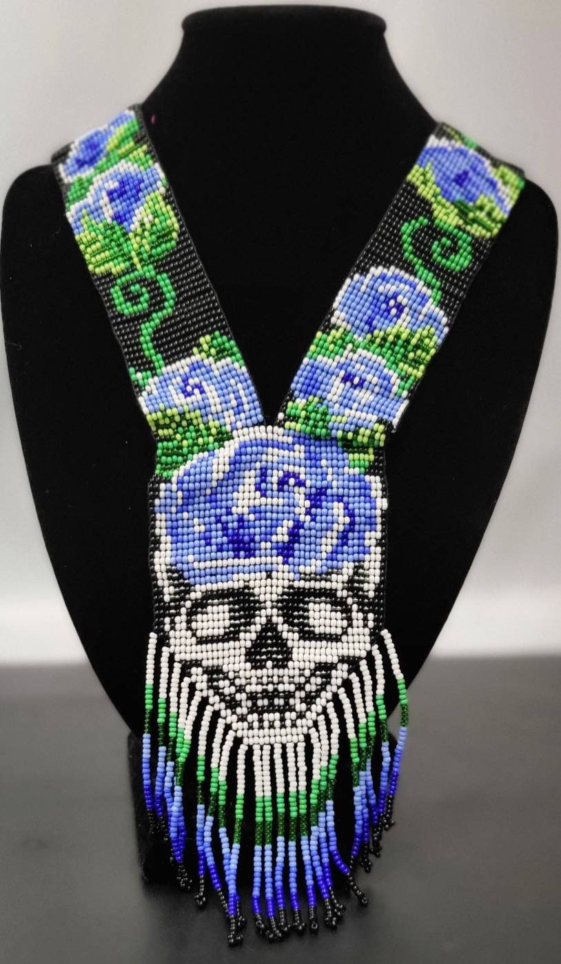 Handmade Seed Bead Skull Necklace: Ethnic Rose Design