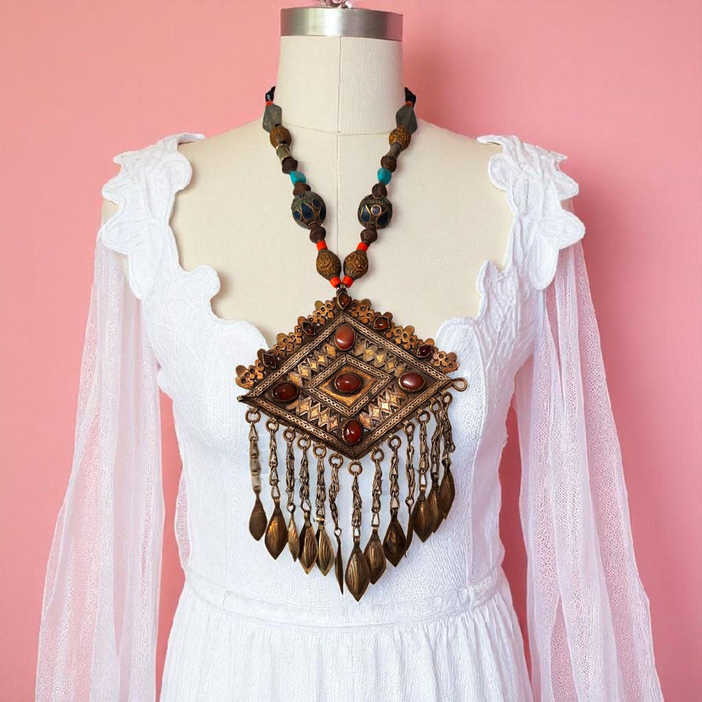 Naszyjnik turkmeński vintage, plemienny, naszyjnik, ręcznie wykonany, posrebrzany, wisiorek z karneolem i lapis lazuli, biżuteria etniczna