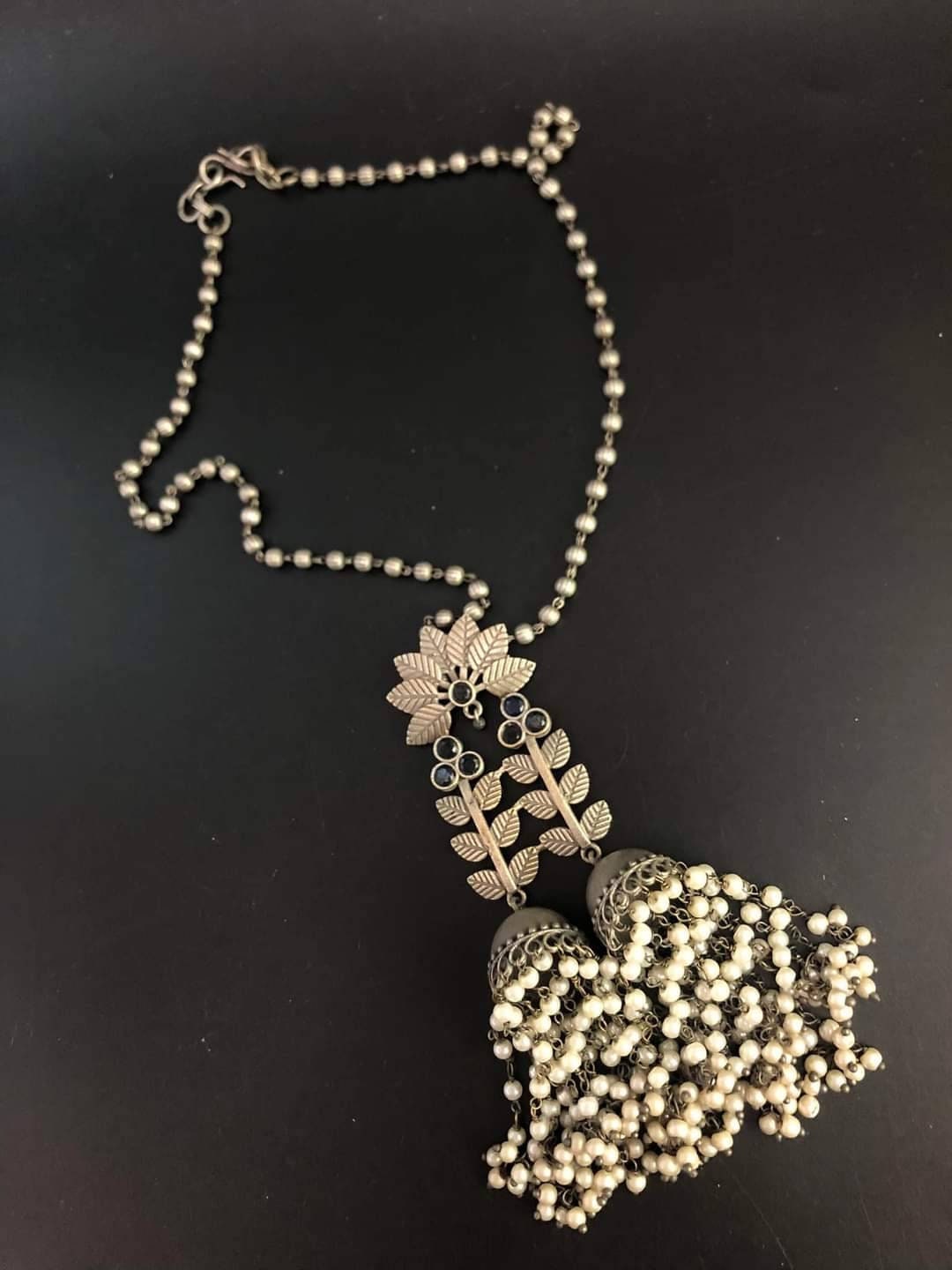 Oxidized German Silver Jhumka Necklace Set: Handcrafted Pearl Pendant