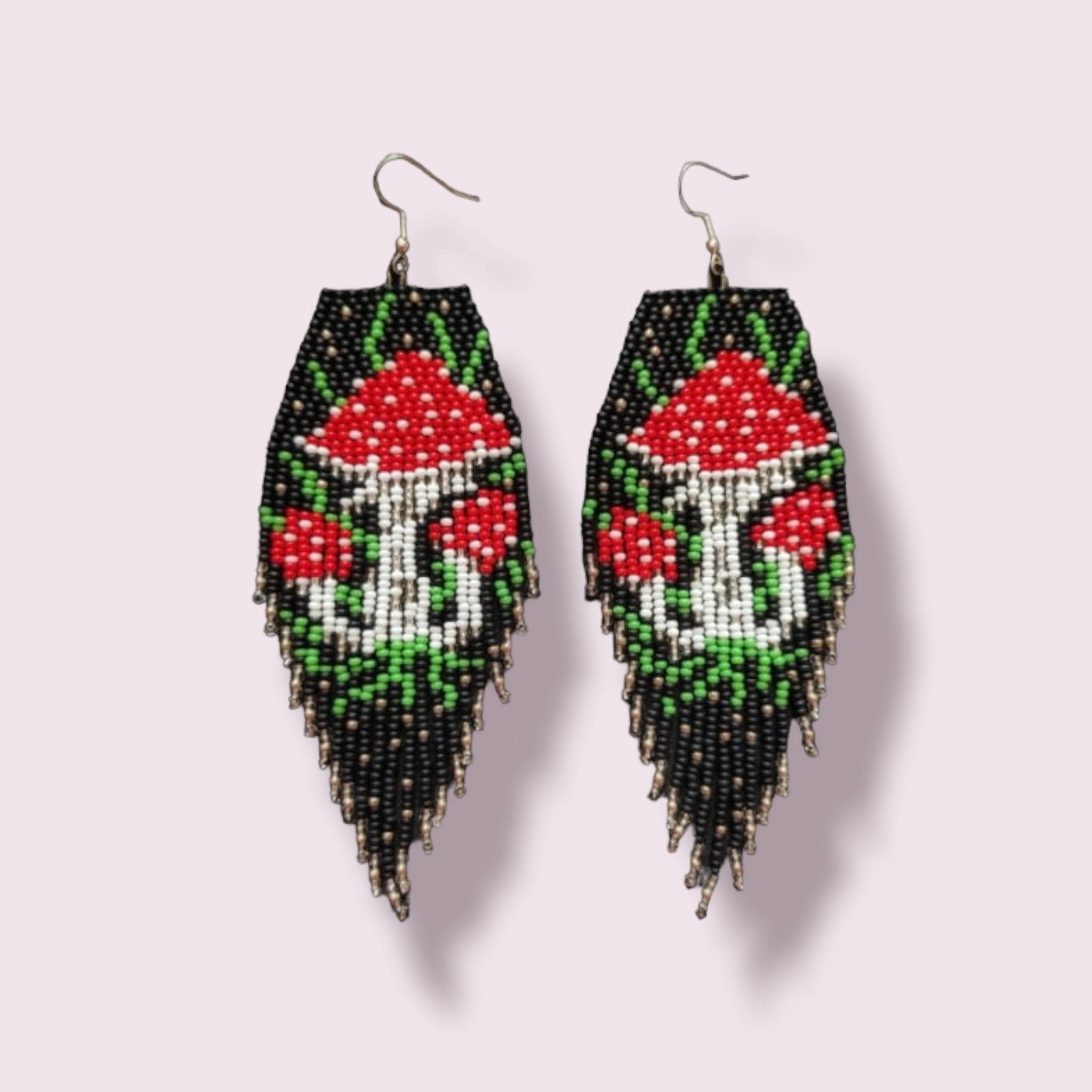 Beaded Mushroom Earrings: Red Toadstool Fringe Dangle