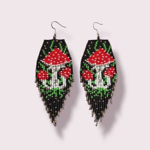 Beaded Mushroom Earrings: Red Toadstool Fringe Dangle