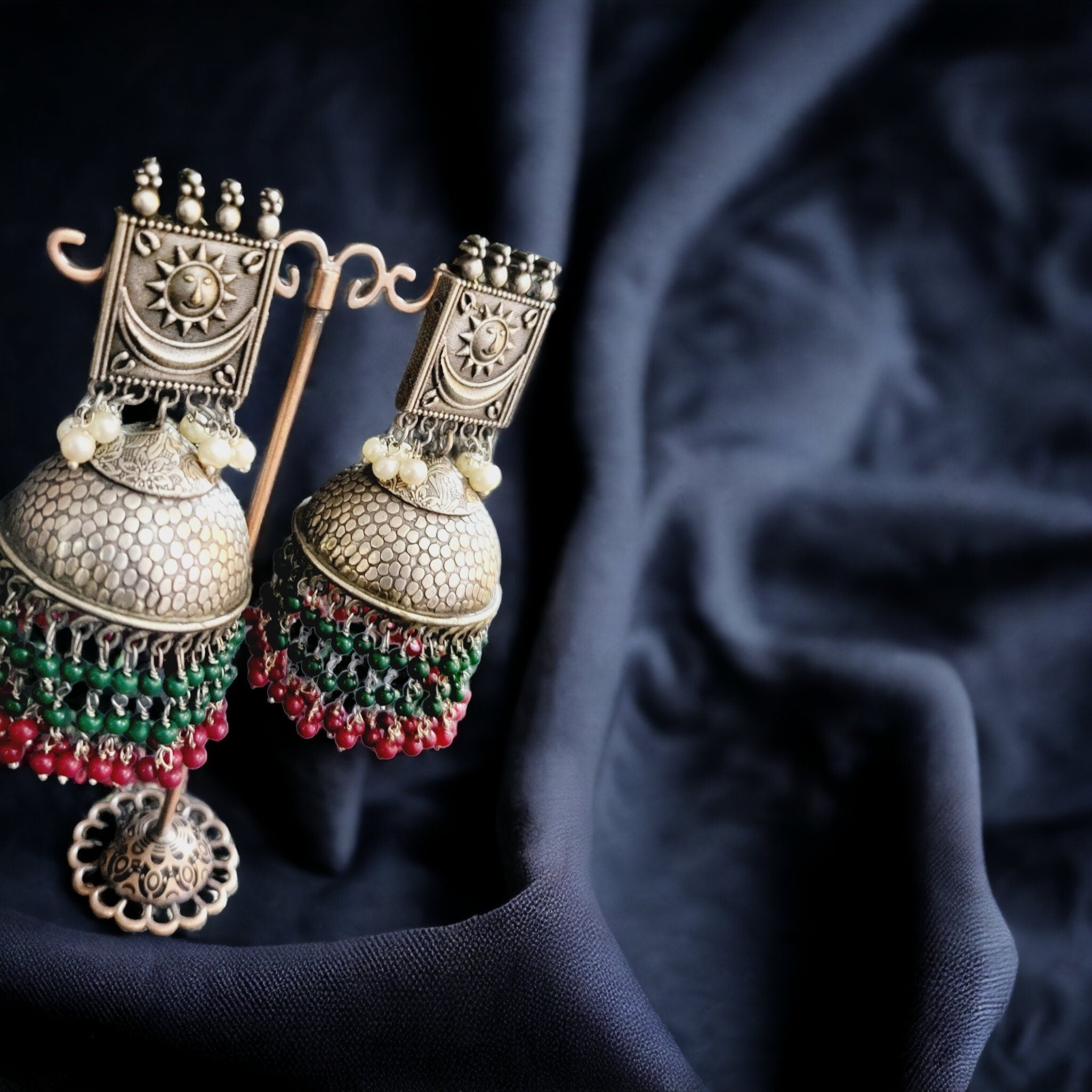 Handmade Indian Jhumka Earrings: Sun Motif, Crystal Beads