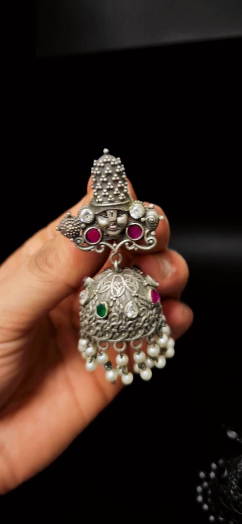 Vishnu Silver Earrings: Pearl Jhumka, Indian God Jewelry