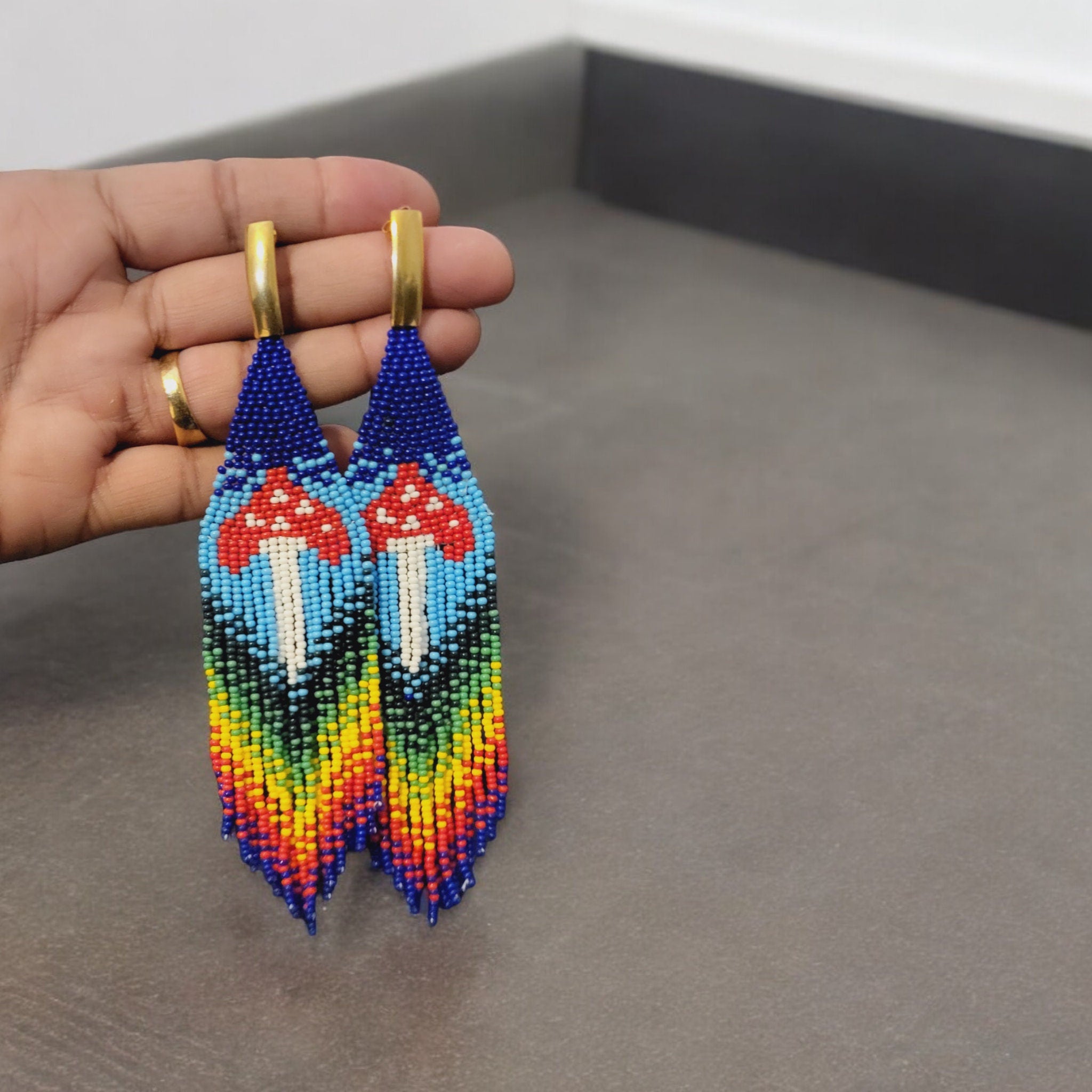 Beaded Mushroom Fringe Earrings: Toadstool Dangle Earrings