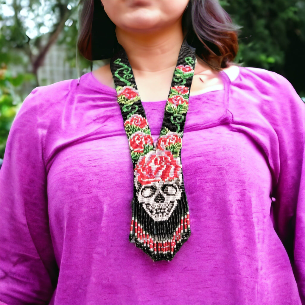 Handmade Seed Bead Skull Necklace: Ethnic Sugar Skull Jewelry