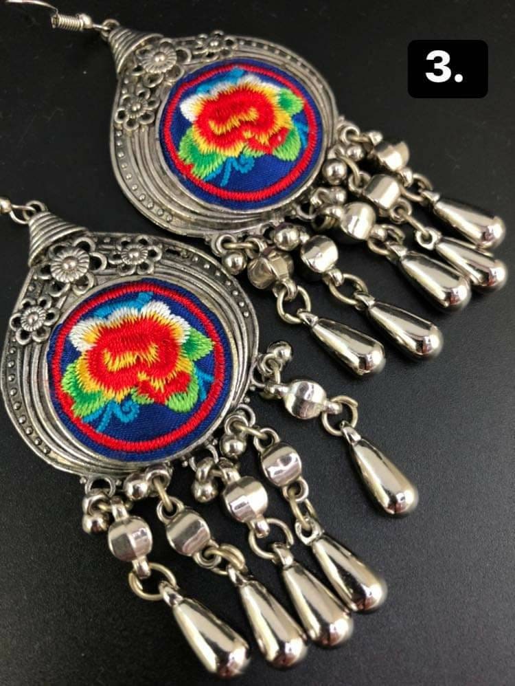 Miao Silver Dangle Earrings: Hmong Embroidered Flower, Ethnic Boho