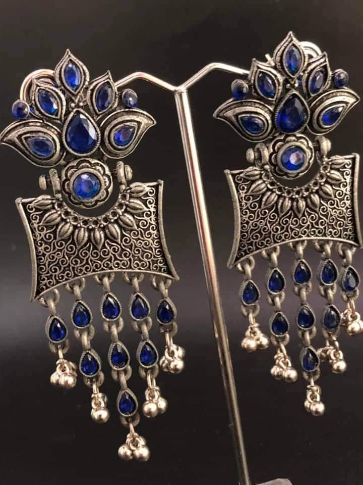 Vintage Silver Dangle Earrings: Bohemia Beaded Tassel, Cobalt Crystals