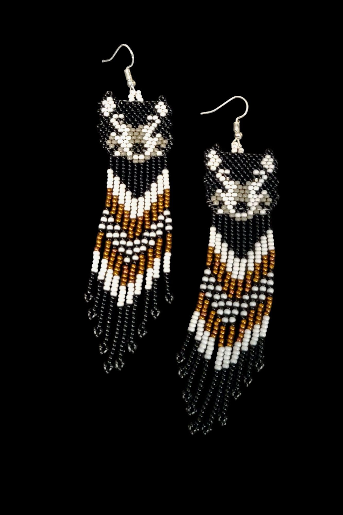 Handmade Beaded Wolf Earrings: Long Fringe Earrings