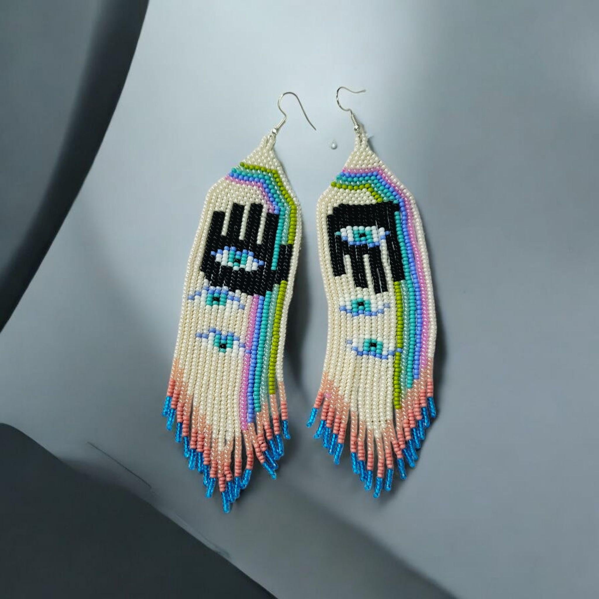Handmade Hamsa Evil Eye Beaded Earrings: Pastel Rainbow Fringe