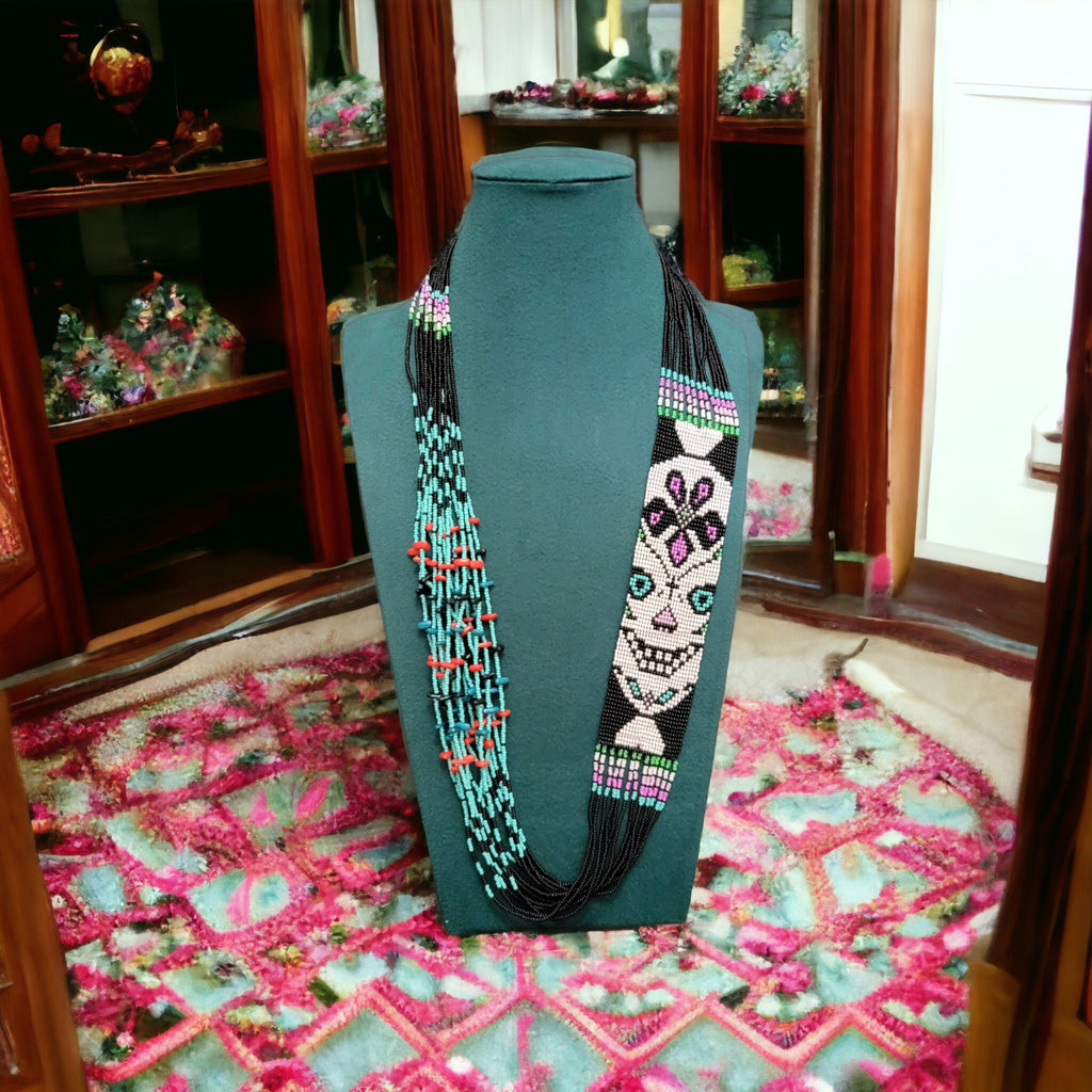 Handmade Seed Bead Sugar Skull Necklace with Earrings