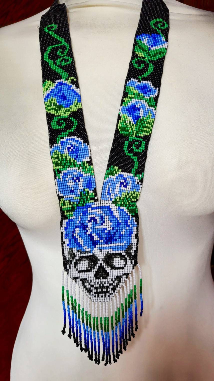Handmade Seed Bead Skull Necklace: Ethnic Rose Design