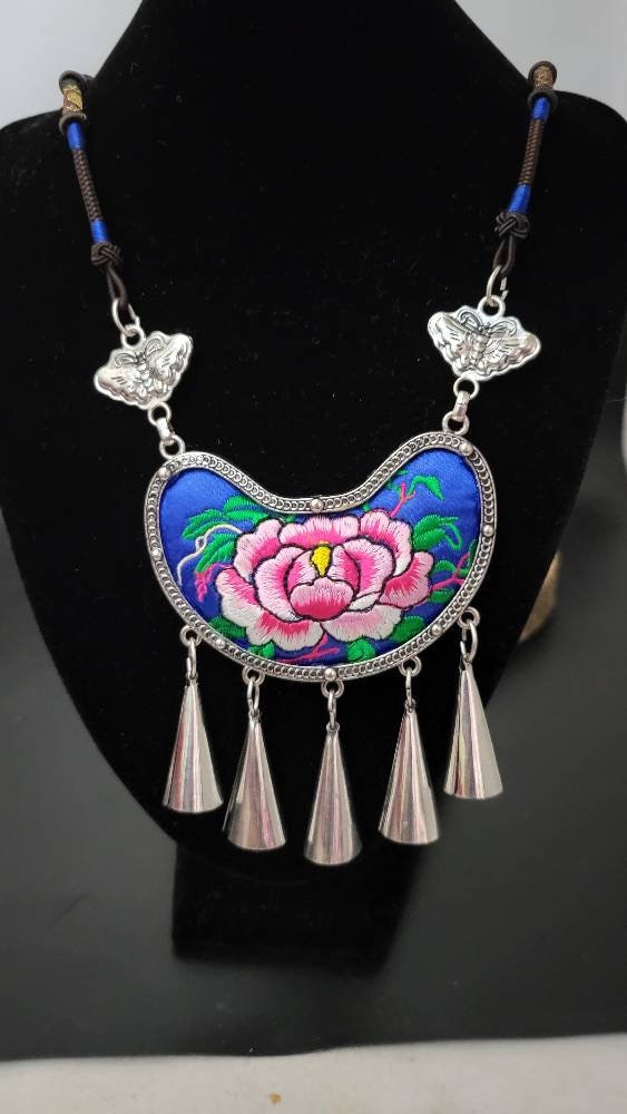 New Design!! Miao Silver Embroidery Necklace,Butterfly Dangle Earring,Circular Flower design,Bold Ethnic Earring, Traditional Earrings,Boho