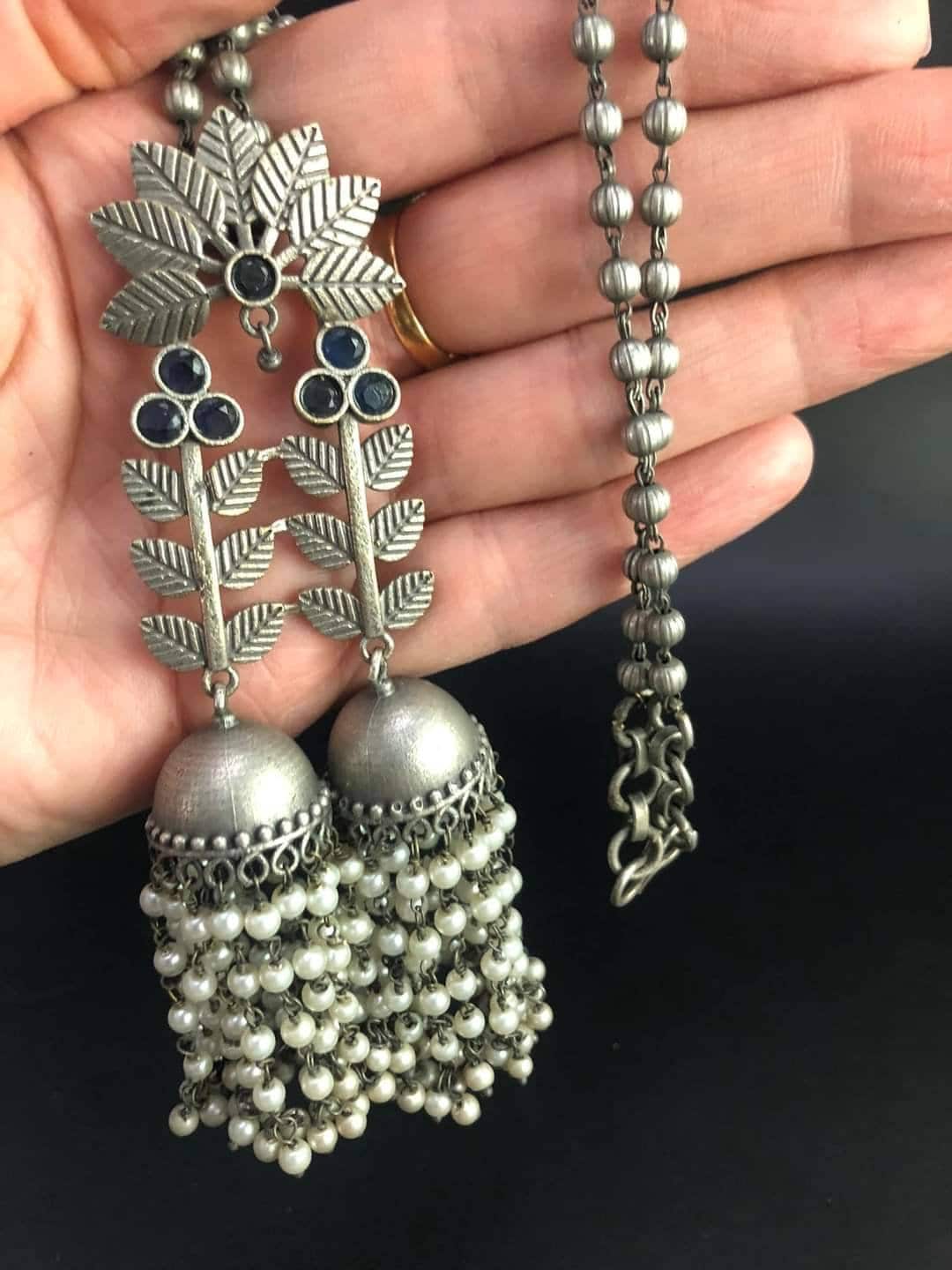 Oxidized German Silver Jhumka Necklace Set: Handcrafted Pearl Pendant