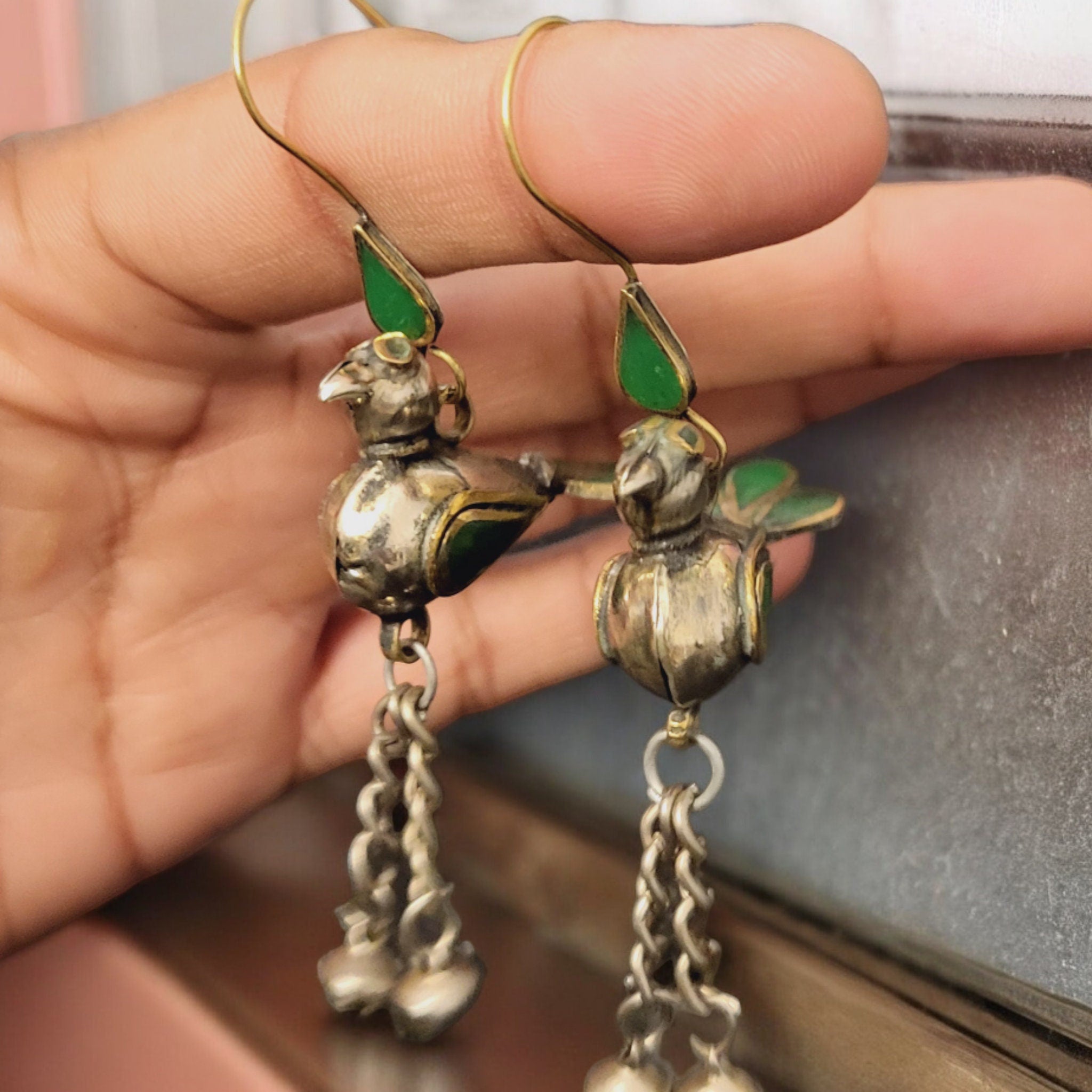 Vintage Parrot Dangle Earrings with Green Enamel Accents, 8 cm
