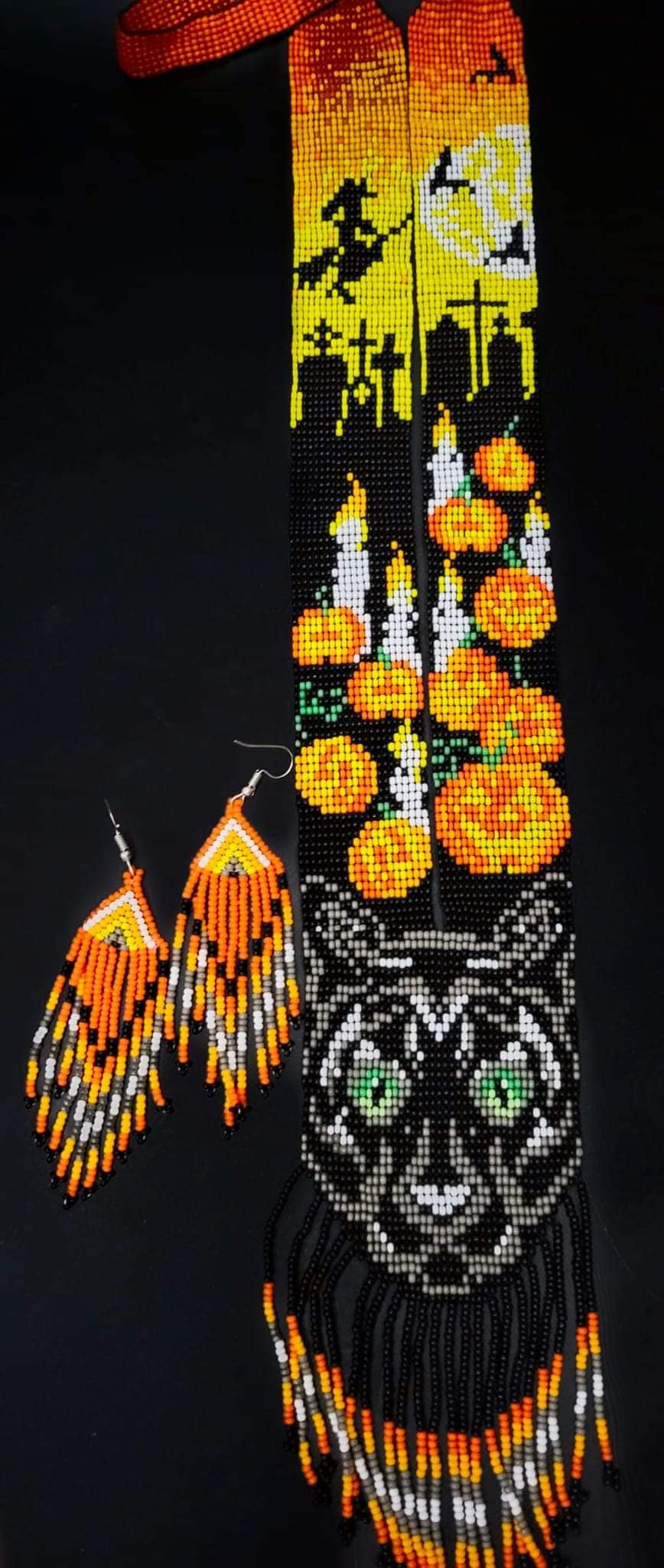 Beaded Cat &amp; Pumpkin Necklace Set: Halloween Statement Jewelry
