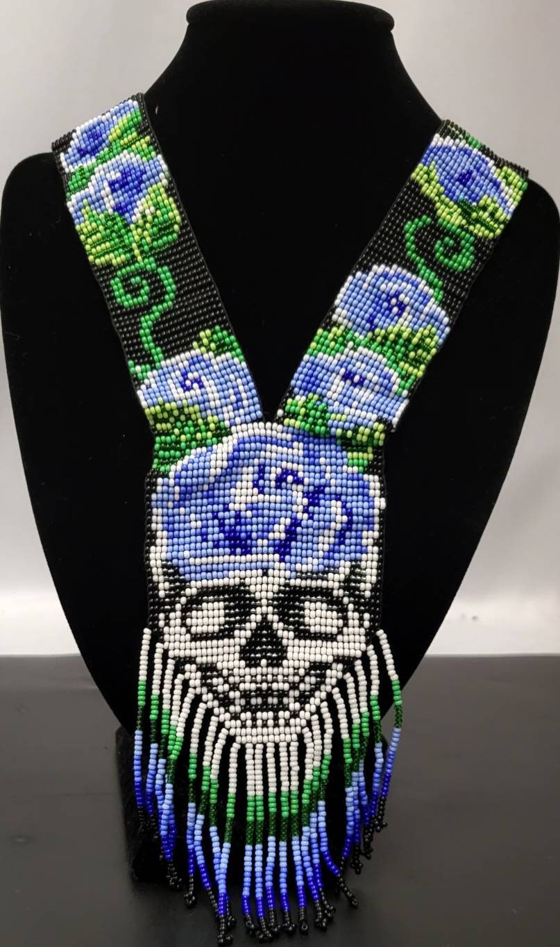 Handmade Seed Bead Skull Necklace: Ethnic Rose Design