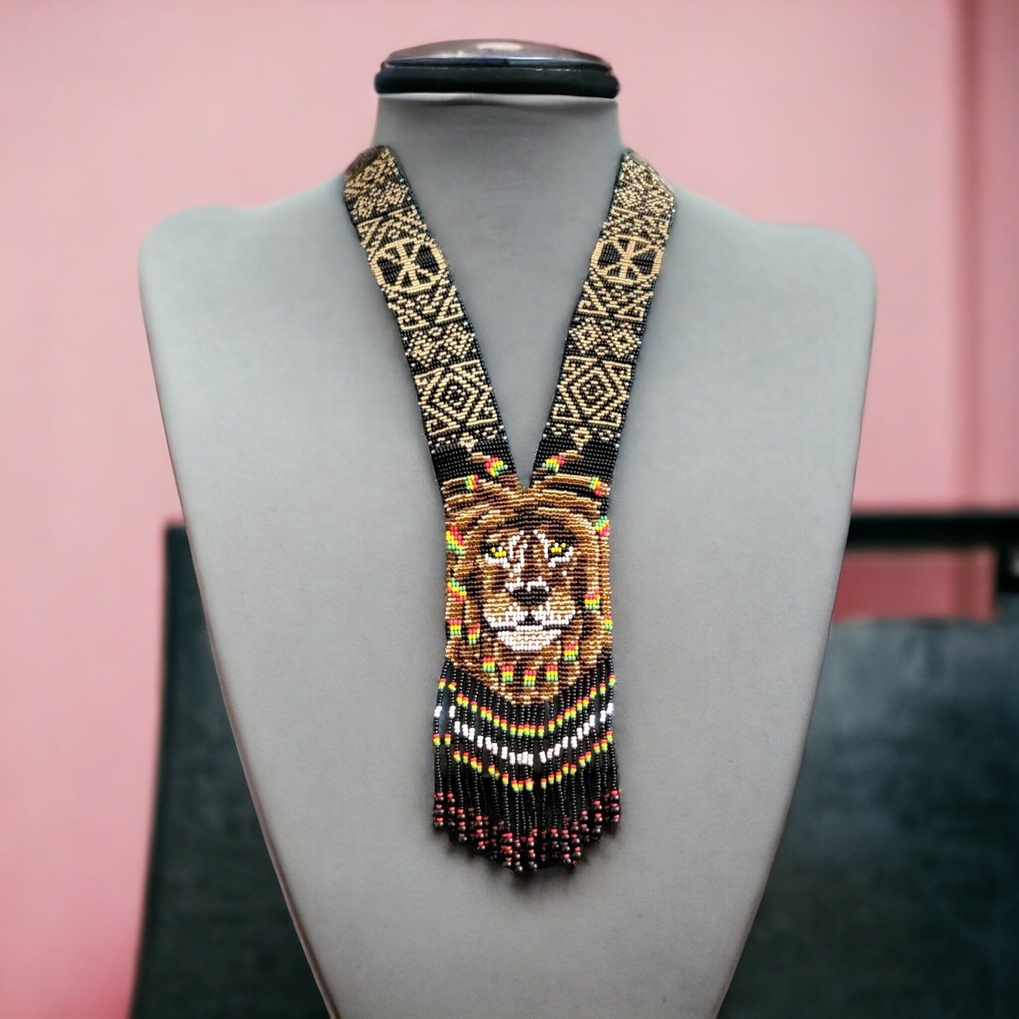 Handmade Beaded Lion Necklace: Ethnic Woven Pendant