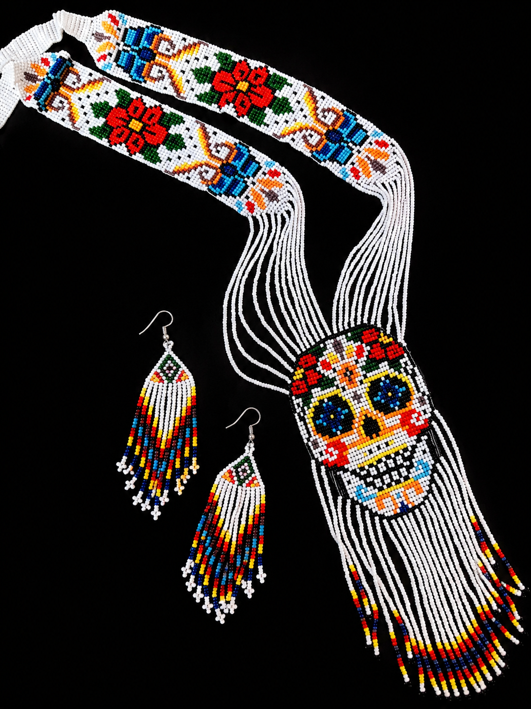 Handmade White Sugar Skull Beaded Necklace & Earrings Set