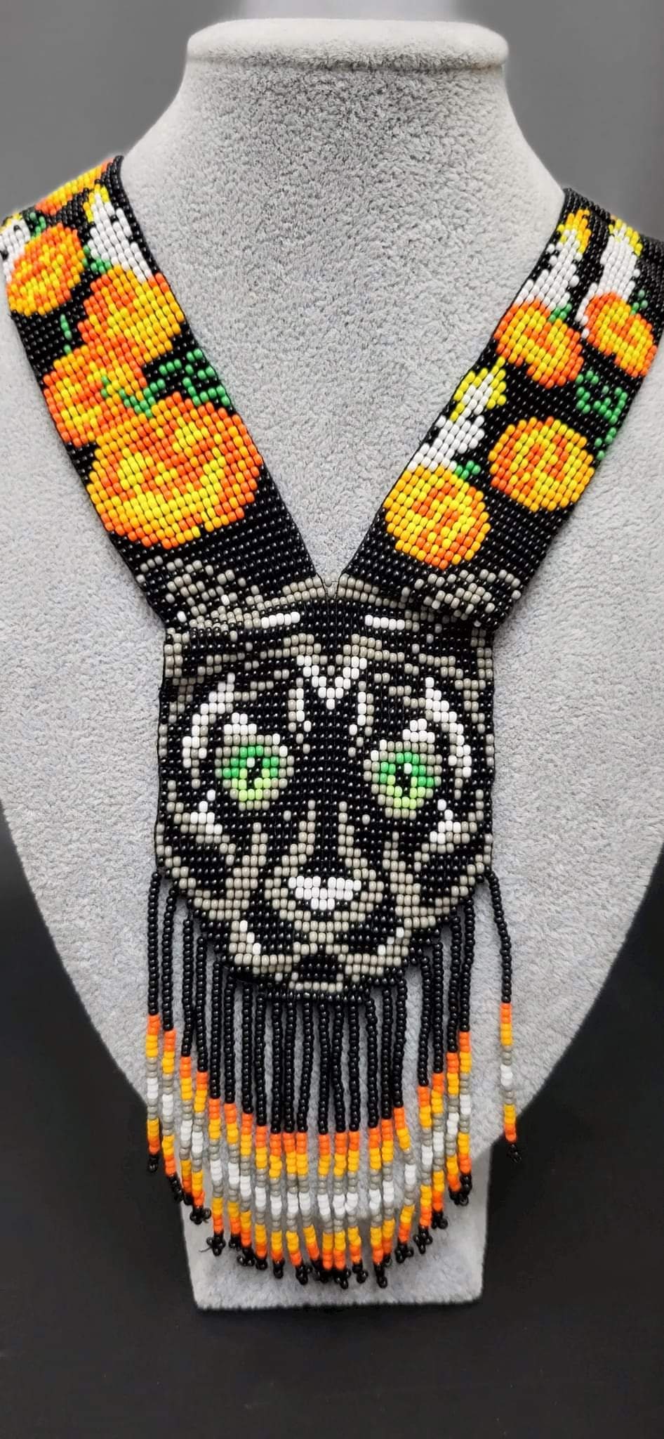 Beaded Cat &amp; Pumpkin Necklace Set: Halloween Statement Jewelry