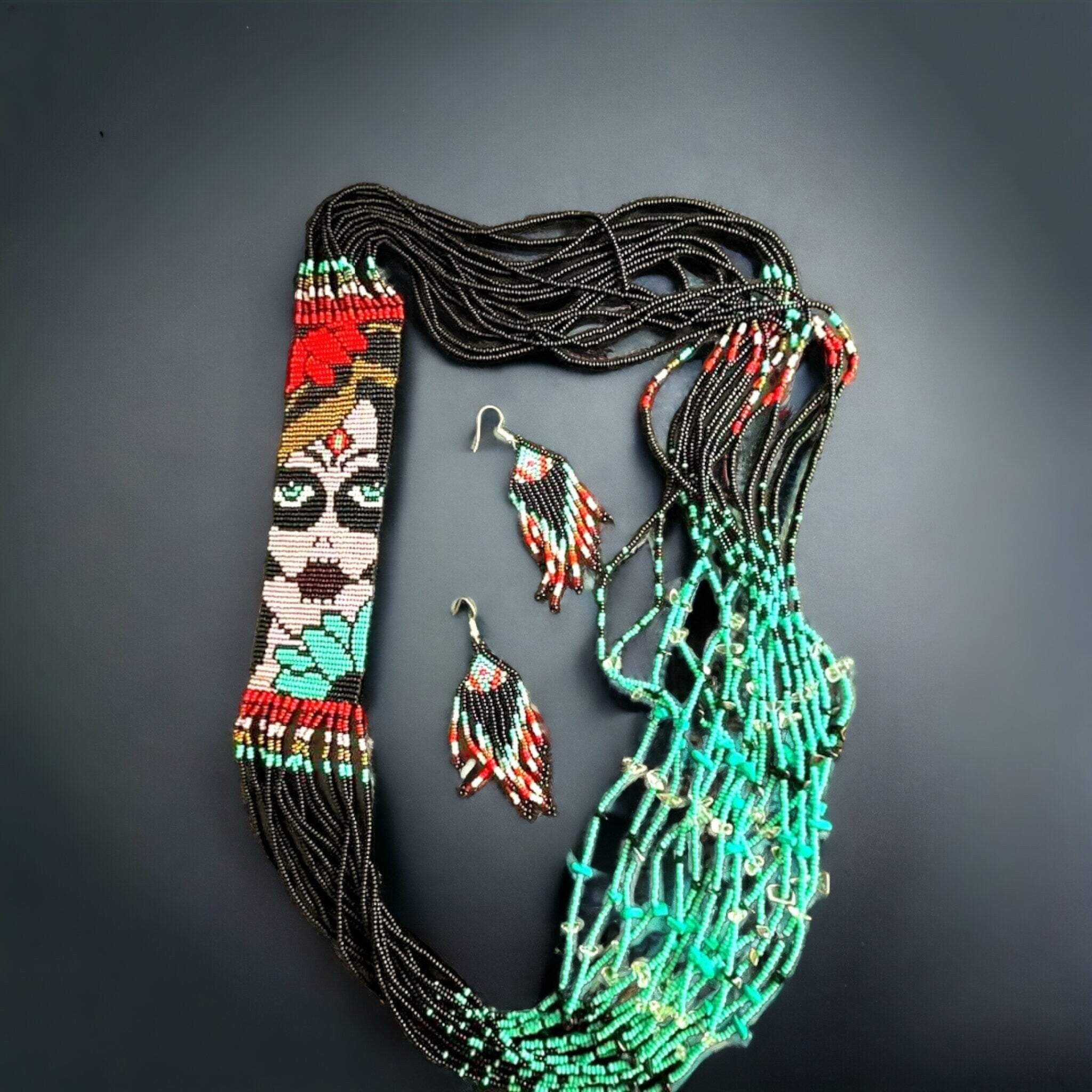 Sugar Skull Seed Bead Necklace: Huichol Day of the Dead Art