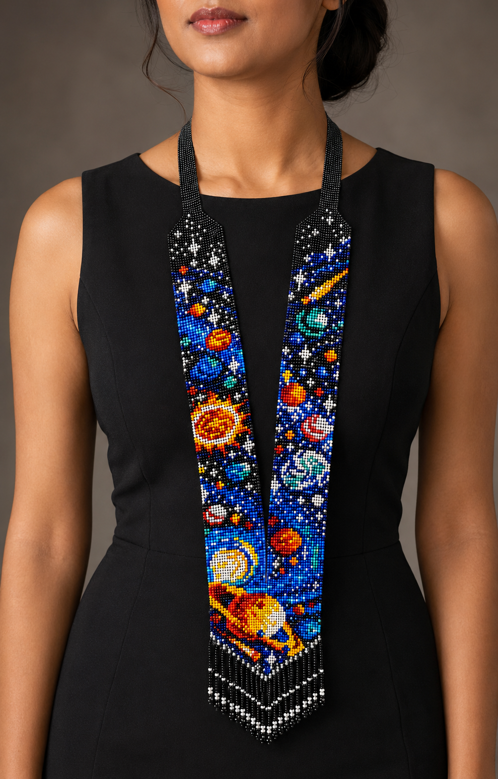 Cosmic Galaxy Seed Bead Statement Necklace with Fringe