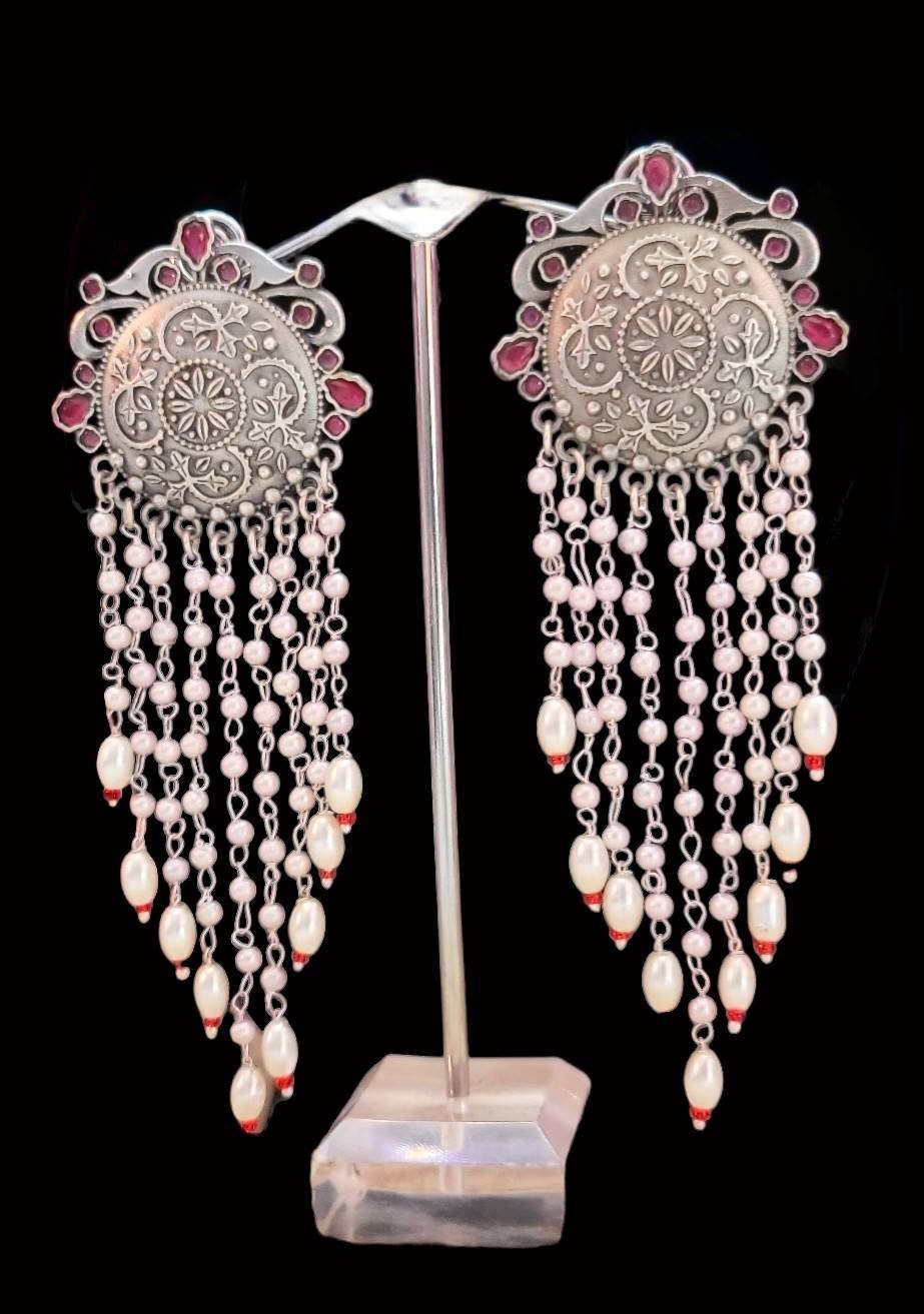 Handmade Pearl Dangle Earrings: German Silver Bollywood Jewelry