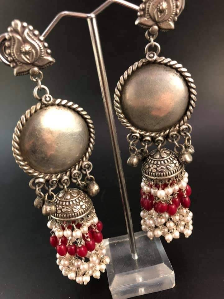 Silver Plated Jhumka Earrings: Floral Dome, Pearl & Bead Tassels