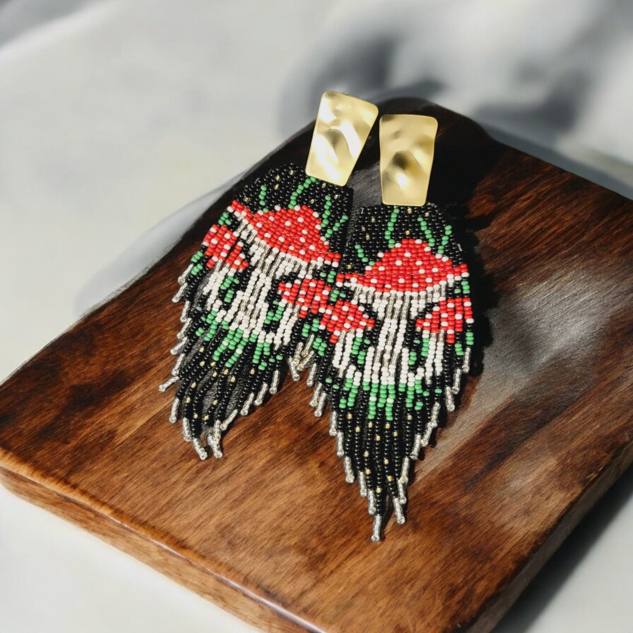 Beaded Mushroom Fringe Earrings: Toadstool Dangle Earrings