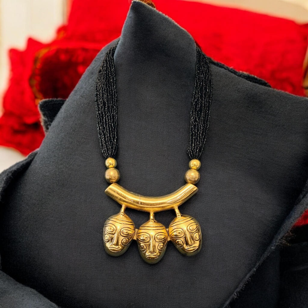Handcrafted African Mask Necklace: Gold-Tone Ethnic Choker