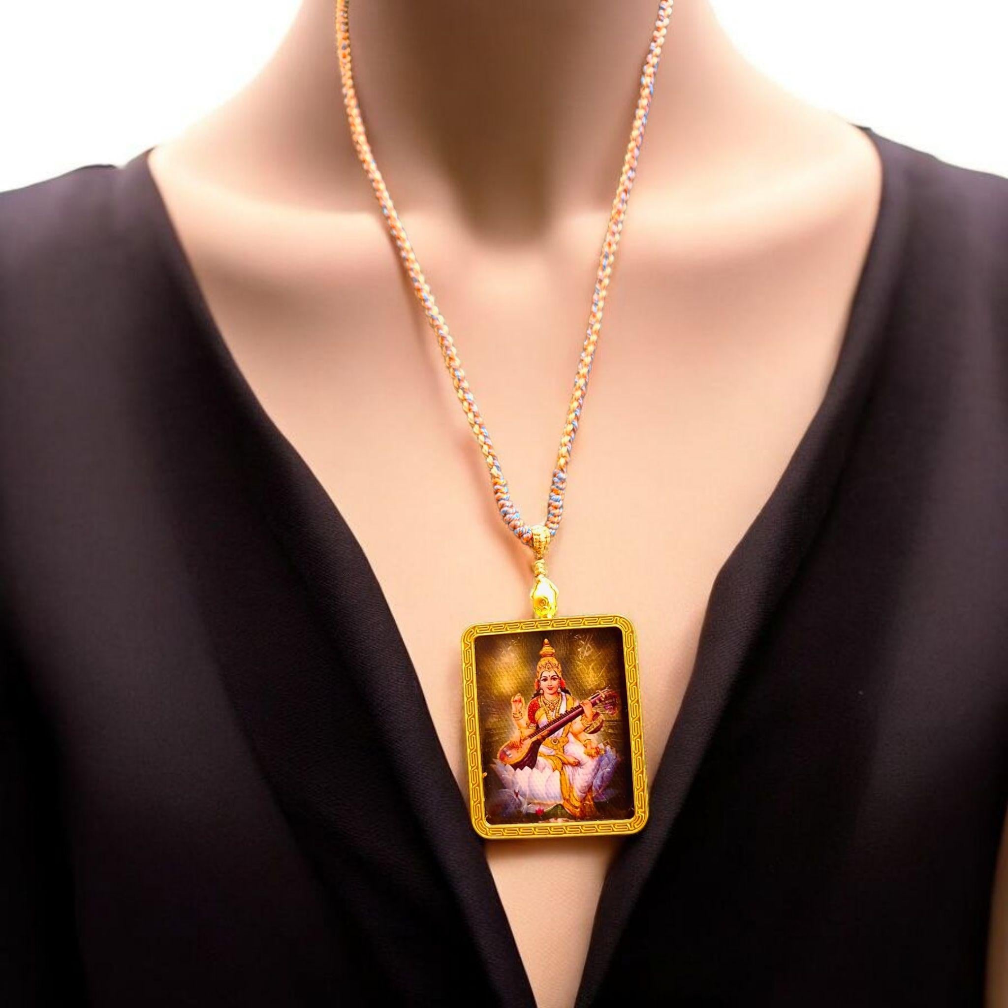 Divine Saraswati Pendant on Adjustable Woven Chain | Hindu Goddess of Arts and Wisdom Necklace