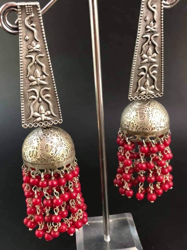 Oxidized Jhumki Earrings: Silver Look, Red Bead Tassels