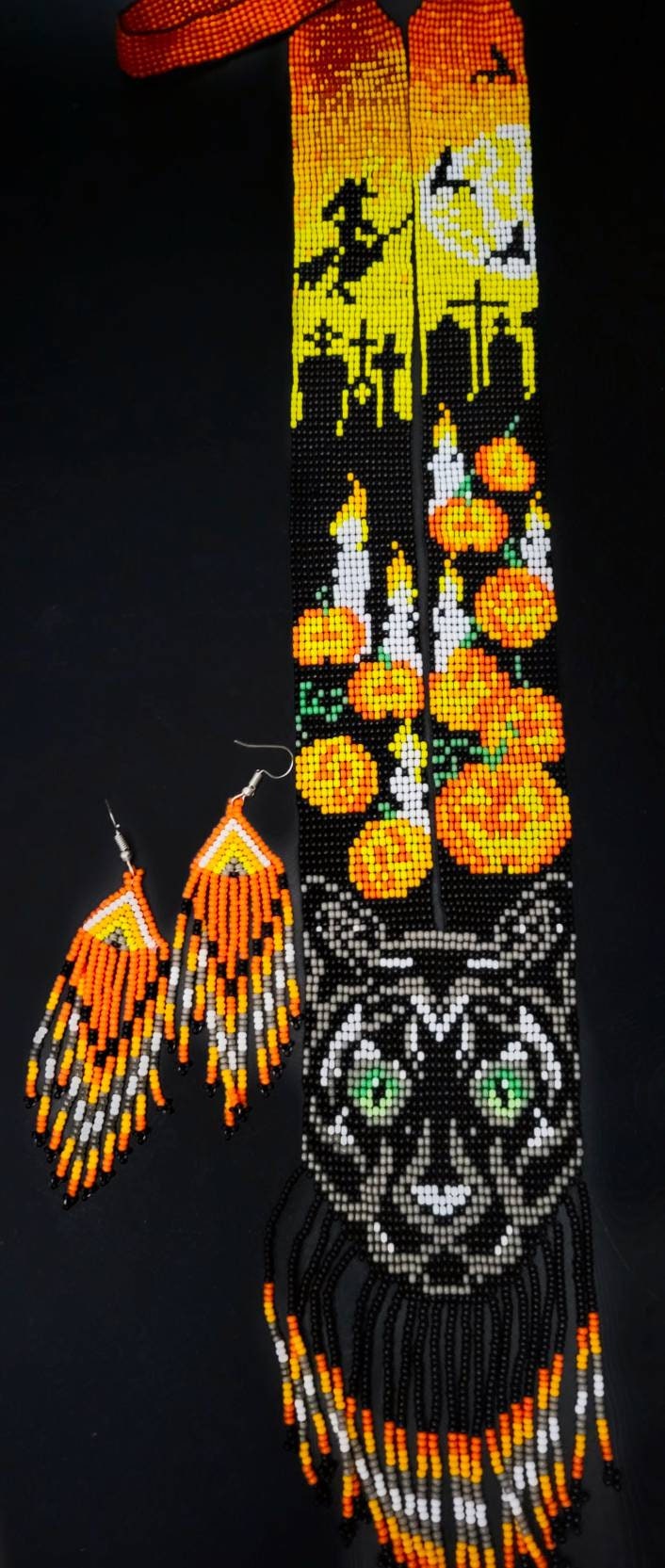 Beaded Cat &amp; Pumpkin Necklace Set: Halloween Statement Jewelry
