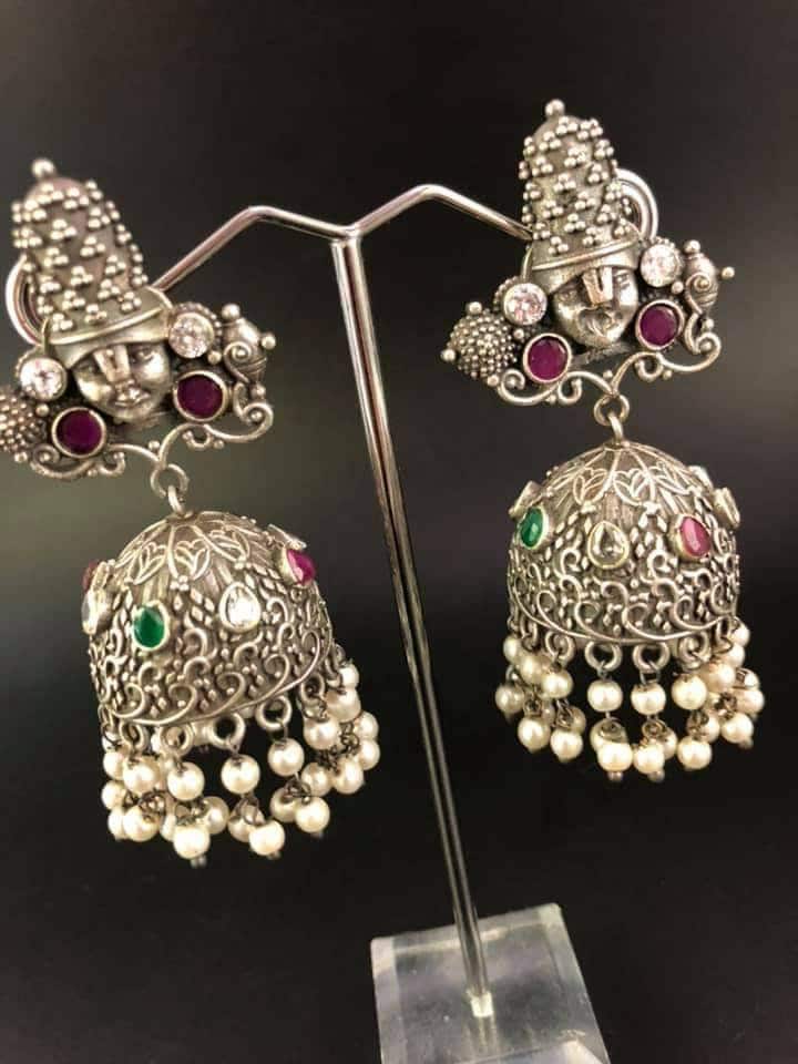Vishnu Silver Earrings: Pearl Jhumka, Indian God Jewelry