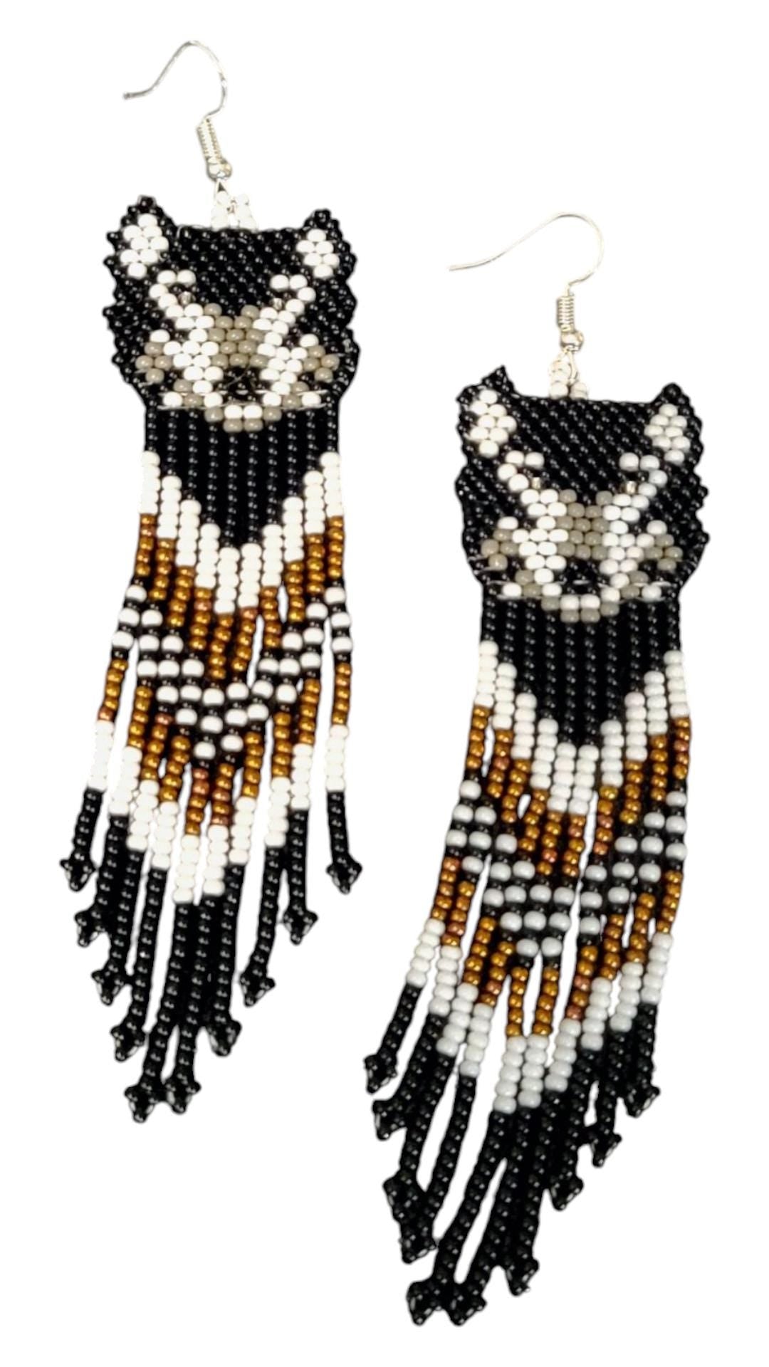 Handmade Beaded Wolf Earrings: Long Fringe Earrings